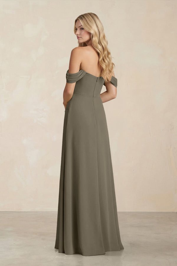 Off - the - Shoulder Corset Sheath Chiffon Bridesmaid Dress in Willow Green - KissProm Bridesmaid Dresses