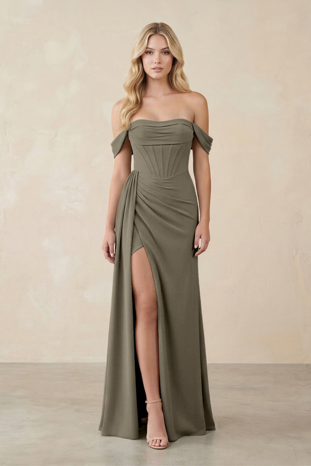 Off - the - Shoulder Corset Sheath Chiffon Bridesmaid Dress in Willow Green - KissProm Bridesmaid Dresses