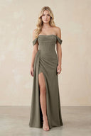Off - the - Shoulder Corset Sheath Chiffon Bridesmaid Dress in Willow Green - KissProm Bridesmaid Dresses
