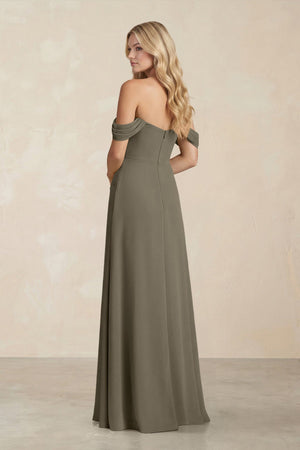 Off - the - Shoulder Corset Sheath Chiffon Bridesmaid Dress in Willow Green - KissProm Bridesmaid Dresses