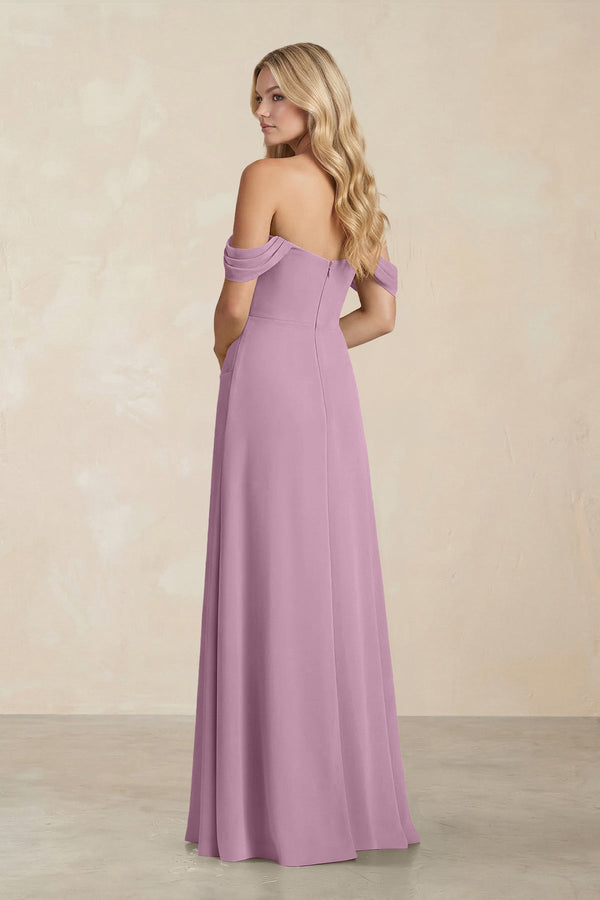 Off - the - Shoulder Corset Sheath Chiffon Bridesmaid Dress in Wisteria - KissProm Bridesmaid Dresses