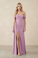 Off - the - Shoulder Corset Sheath Chiffon Bridesmaid Dress in Wisteria - KissProm Bridesmaid Dresses