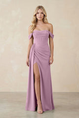 Off - the - Shoulder Corset Sheath Chiffon Bridesmaid Dress in Wisteria - KissProm Bridesmaid Dresses