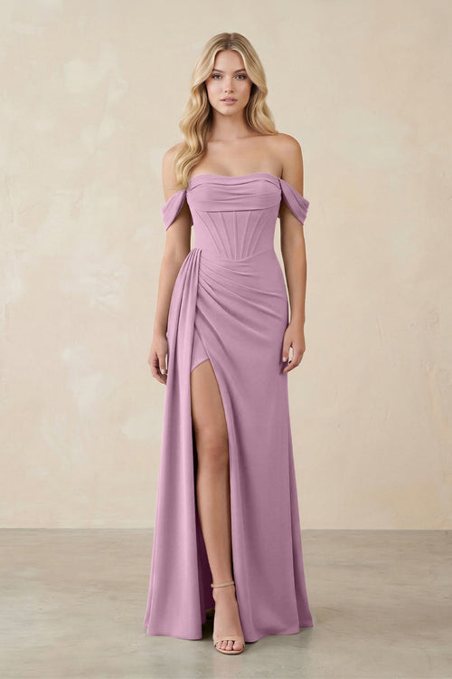 Off - the - Shoulder Corset Sheath Chiffon Bridesmaid Dress in Wisteria - KissProm Bridesmaid Dresses