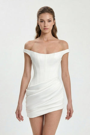 Ivory Off-the-Shoulder Corset Sheath Satin Graduation Dress Ivory / 8 Ivory Off-the-Shoulder Corset Sheath Satin Graduation Dress Ivory / 8