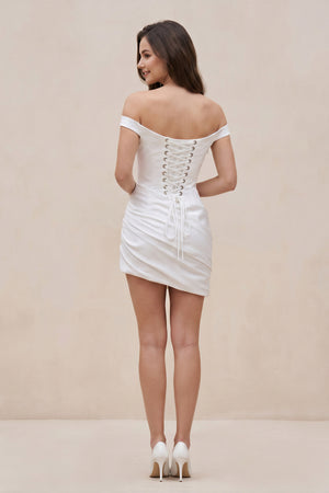 Ivory Off-the-Shoulder Corset Sheath Satin Graduation Dress - KissProm