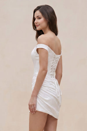 Ivory Off-the-Shoulder Corset Sheath Satin Graduation Dress - KissProm