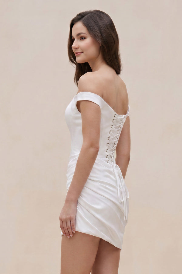 Ivory Off-the-Shoulder Corset Sheath Satin Graduation Dress - KissProm