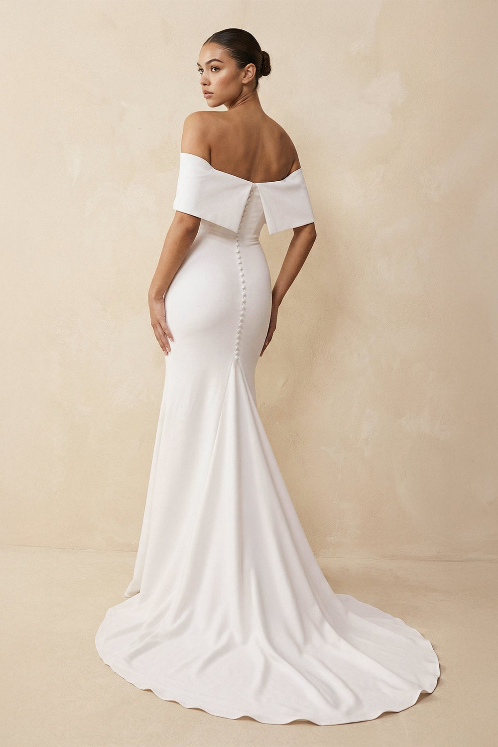 Off - the - Shoulder Crepe Mermaid Wedding Dress in White - KissProm Wedding Dresses