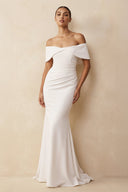 Off - the - Shoulder Crepe Mermaid Wedding Dress in White - KissProm Wedding Dresses