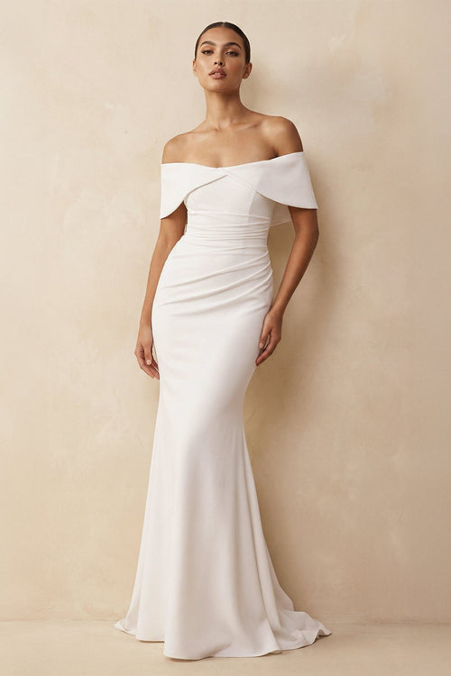 Off - the - Shoulder Crepe Mermaid Wedding Dress in White - KissProm Wedding Dresses