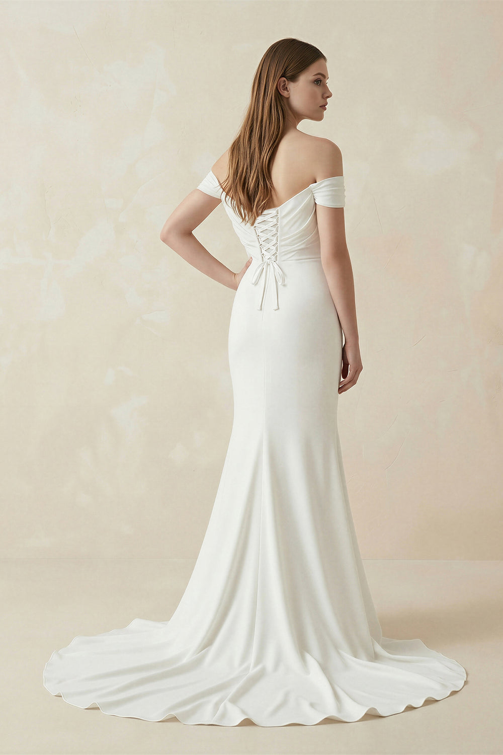 Off-the-shoulder Elegant Mermaid Satin Wedding Dress With Tiers And V-back – Wedding Dresses by KissProm | Available at KissProm