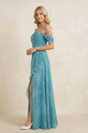 Off - the - Shoulder Floral Chiffon Ruffled Bridesmaid Dress in Adriatic Blue - KissProm Bridesmaid Dresses