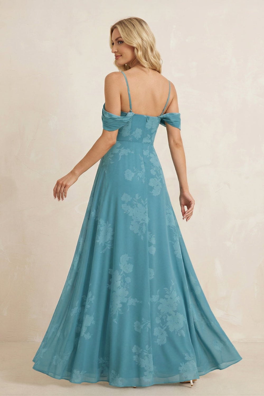Off - the - Shoulder Floral Chiffon Ruffled Bridesmaid Dress in Adriatic Blue - KissProm Bridesmaid Dresses