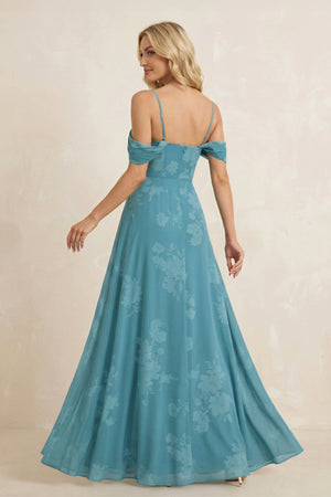 Off - the - Shoulder Floral Chiffon Ruffled Bridesmaid Dress in Adriatic Blue - KissProm Bridesmaid Dresses