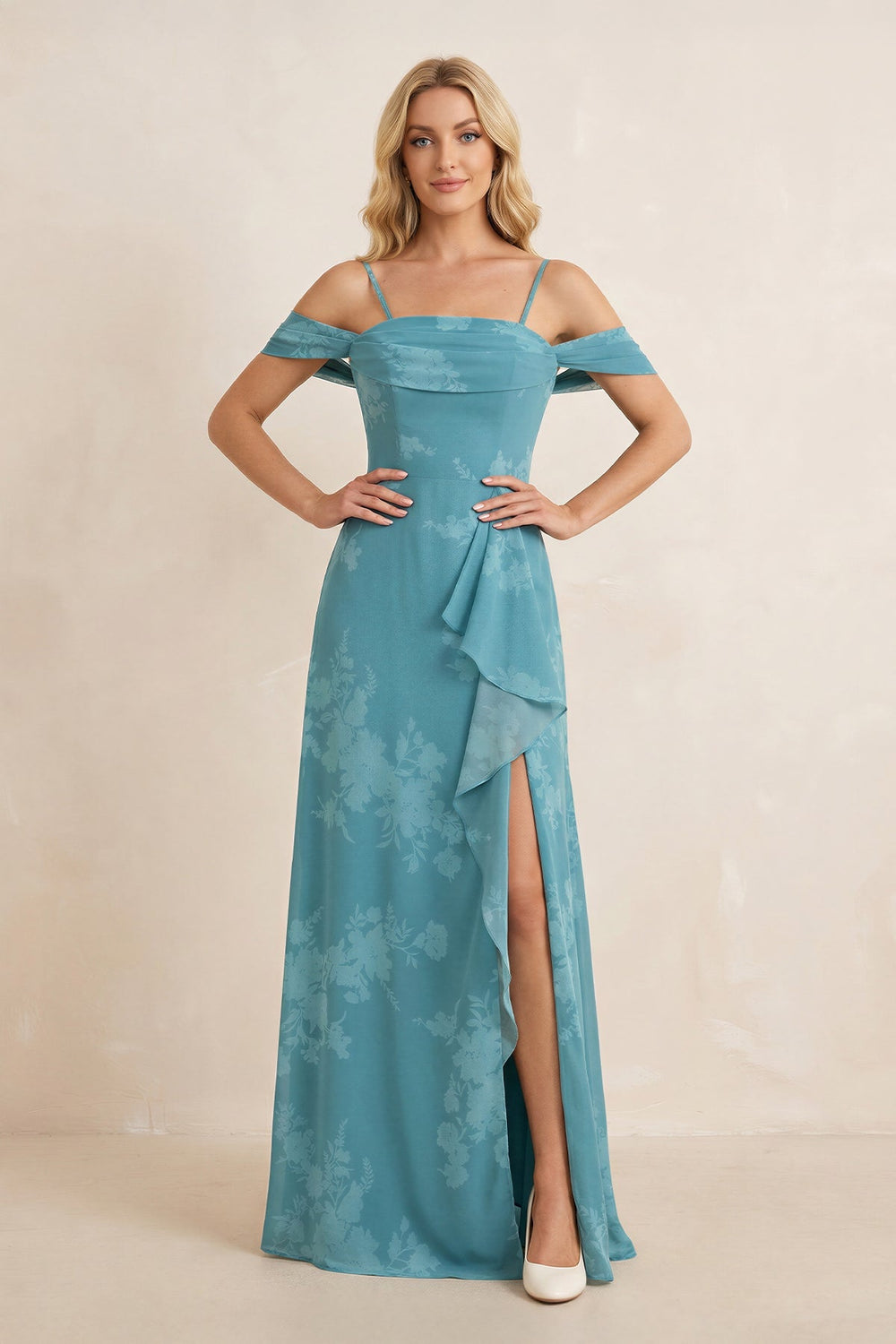 Off - the - Shoulder Floral Chiffon Ruffled Bridesmaid Dress in Adriatic Blue - KissProm Bridesmaid Dresses