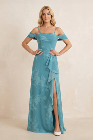 Off - the - Shoulder Floral Chiffon Ruffled Bridesmaid Dress in Adriatic Blue - KissProm Bridesmaid Dresses