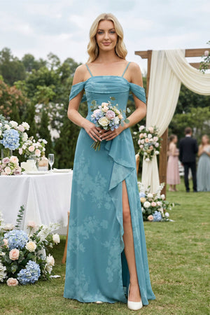 Off - the - Shoulder Floral Chiffon Ruffled Bridesmaid Dress in Adriatic Blue - KissProm Bridesmaid Dresses