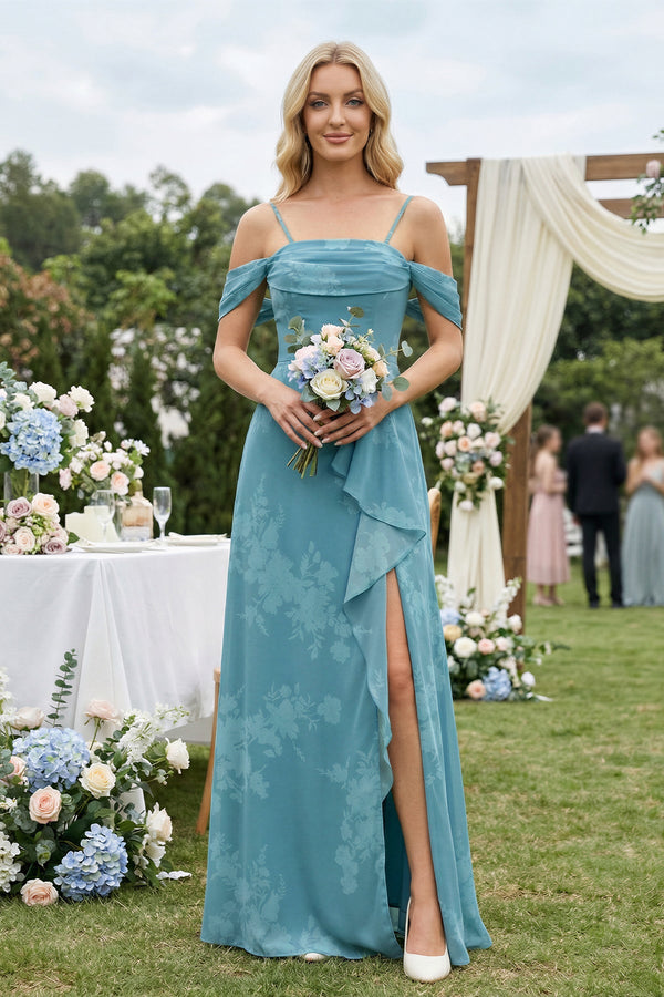 Off - the - Shoulder Floral Chiffon Ruffled Bridesmaid Dress in Adriatic Blue - KissProm Bridesmaid Dresses