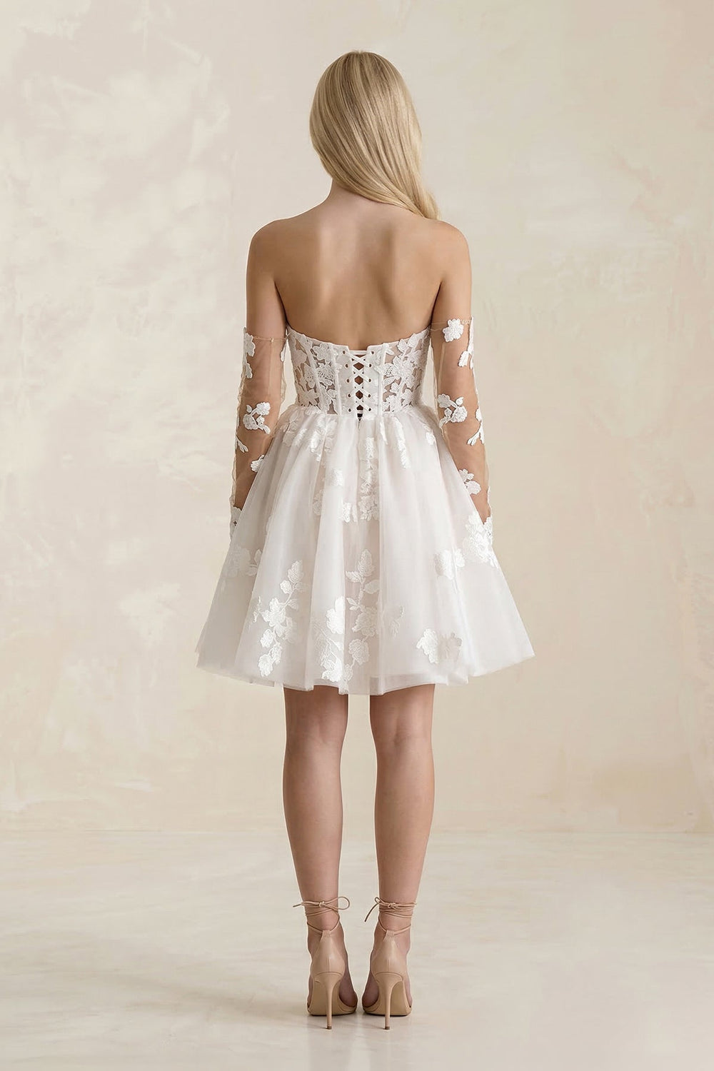 Off - the - Shoulder Flower Appliqued Tulle A - Line Mini Wedding Dress - KissProm Wedding Dresses