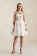 Off - the - Shoulder Flower Appliqued Tulle A - Line Mini Wedding Dress - KissProm Wedding Dresses