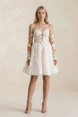 Off - the - Shoulder Flower Appliqued Tulle A - Line Mini Wedding Dress - KissProm Wedding Dresses