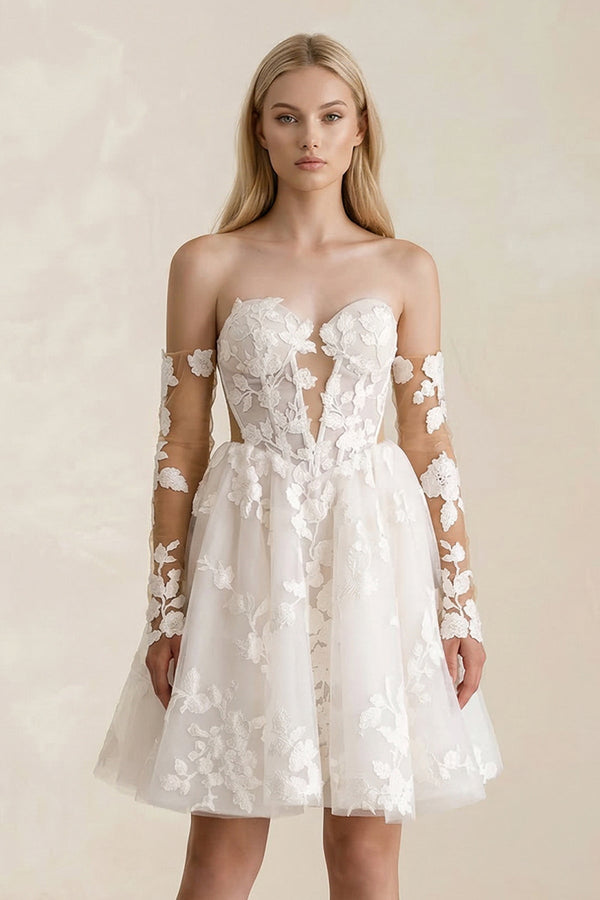 Off - the - Shoulder Flower Appliqued Tulle A - Line Mini Wedding Dress - KissProm Wedding Dresses