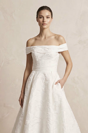Off - the - Shoulder Jacquard Ball Gown Wedding Dress in White - KissProm Wedding Dresses