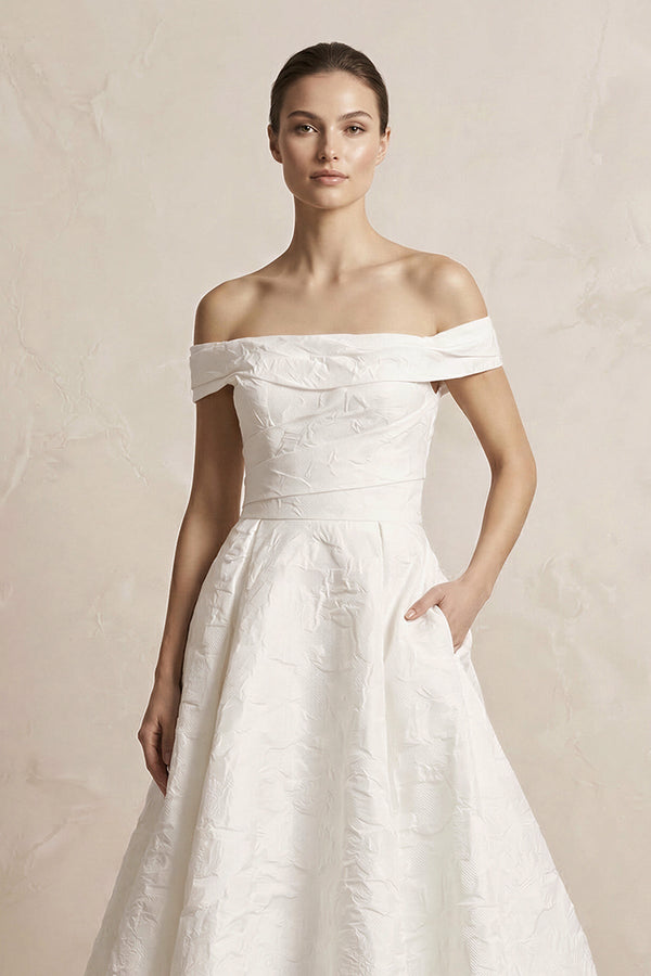 Off - the - Shoulder Jacquard Ball Gown Wedding Dress in White - KissProm Wedding Dresses