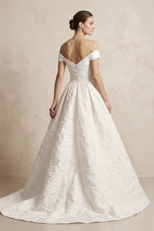 Off - the - Shoulder Jacquard Ball Gown Wedding Dress in White - KissProm Wedding Dresses