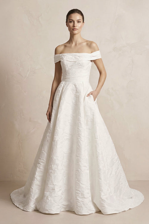 Off - the - Shoulder Jacquard Ball Gown Wedding Dress in White - KissProm Wedding Dresses