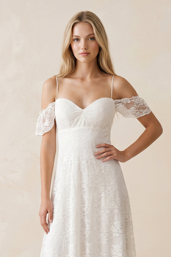 Off - the - Shoulder Lace A - Line Appliqued Wedding Dress in White - KissProm Wedding Dresses