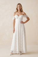 Off - the - Shoulder Lace A - Line Appliqued Wedding Dress in White - KissProm Wedding Dresses