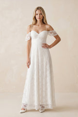 Off - the - Shoulder Lace A - Line Appliqued Wedding Dress in White - KissProm Wedding Dresses