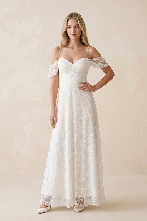 Off - the - Shoulder Lace A - Line Appliqued Wedding Dress in White - KissProm Wedding Dresses