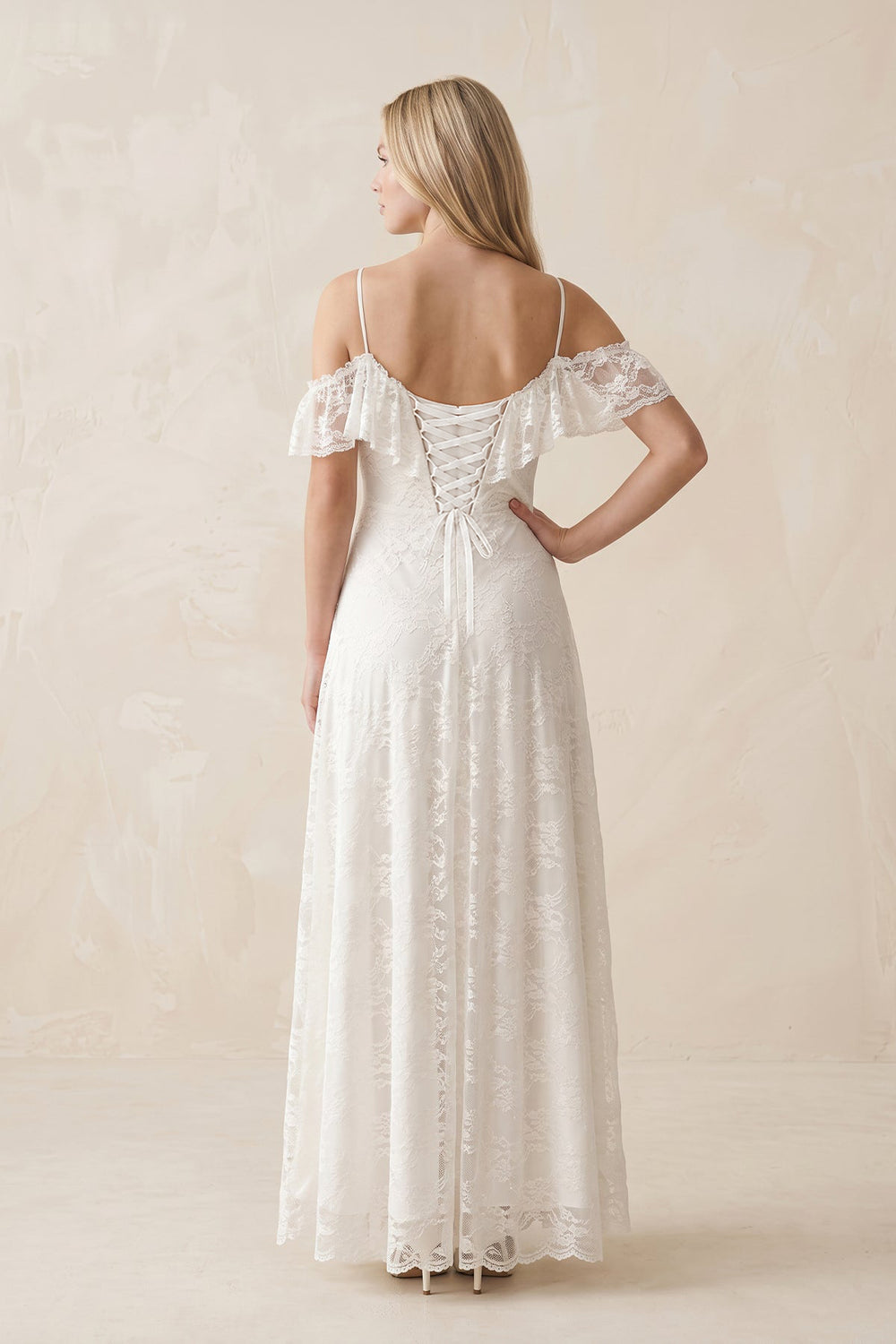 Off - the - Shoulder Lace A - Line Appliqued Wedding Dress in White - KissProm Wedding Dresses