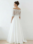 Off - The - Shoulder Lace A - Line Satin Two - Piece Wedding Dress With Sweep Train - KissProm