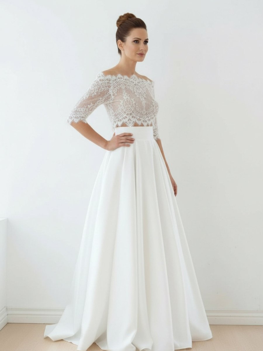 Off - The - Shoulder Lace A - Line Satin Two - Piece Wedding Dress With Sweep Train - KissProm