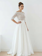 Off - The - Shoulder Lace A - Line Satin Two - Piece Wedding Dress With Sweep Train - KissProm