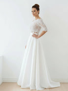 Off - The - Shoulder Lace A - Line Satin Two - Piece Wedding Dress With Sweep Train - KissProm