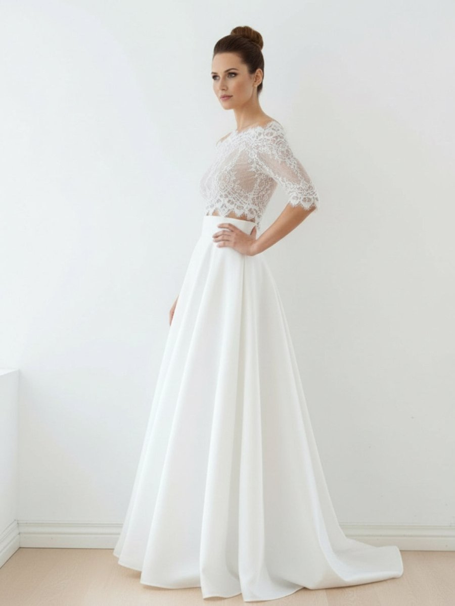 Off - The - Shoulder Lace A - Line Satin Two - Piece Wedding Dress With Sweep Train - KissProm