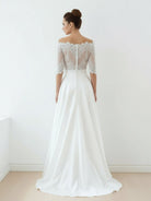 Off - The - Shoulder Lace A - Line Satin Two - Piece Wedding Dress With Sweep Train - KissProm