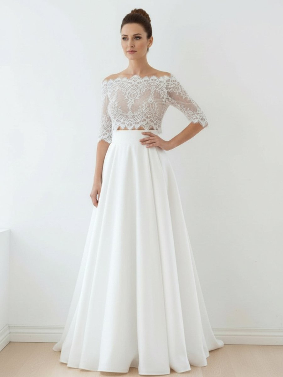 Off - The - Shoulder Lace A - Line Satin Two - Piece Wedding Dress With Sweep Train - KissProm