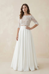 Off - The - Shoulder Lace A - Line Satin Two - Piece Wedding Dress With Sweep Train  – Wedding Dresses by KissProm | Available at KissProm