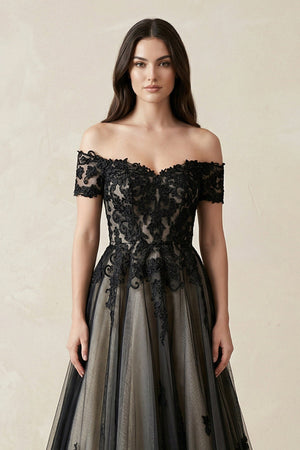 Off - the - Shoulder Lace A - Line Tulle Wedding Dress in Black - KissProm Wedding Dresses