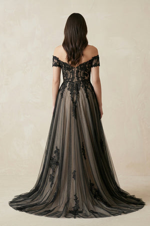 Off - the - Shoulder Lace A - Line Tulle Wedding Dress in Black - KissProm Wedding Dresses
