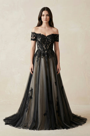Off - the - Shoulder Lace A - Line Tulle Wedding Dress in Black - KissProm Wedding Dresses