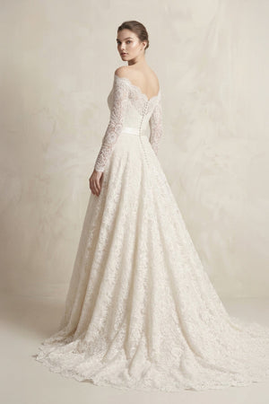 Off - the - Shoulder Lace Long Sleeve Bow Wedding Dress in Ivory - KissProm Wedding Dresses