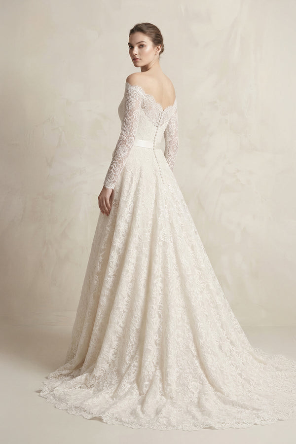 Off - the - Shoulder Lace Long Sleeve Bow Wedding Dress in Ivory - KissProm Wedding Dresses