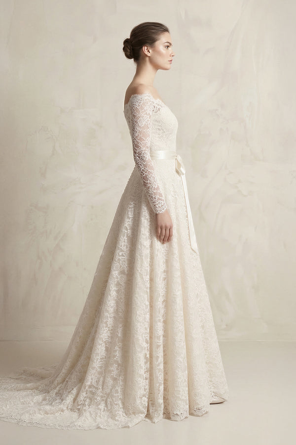 Off - the - Shoulder Lace Long Sleeve Bow Wedding Dress in Ivory - KissProm Wedding Dresses